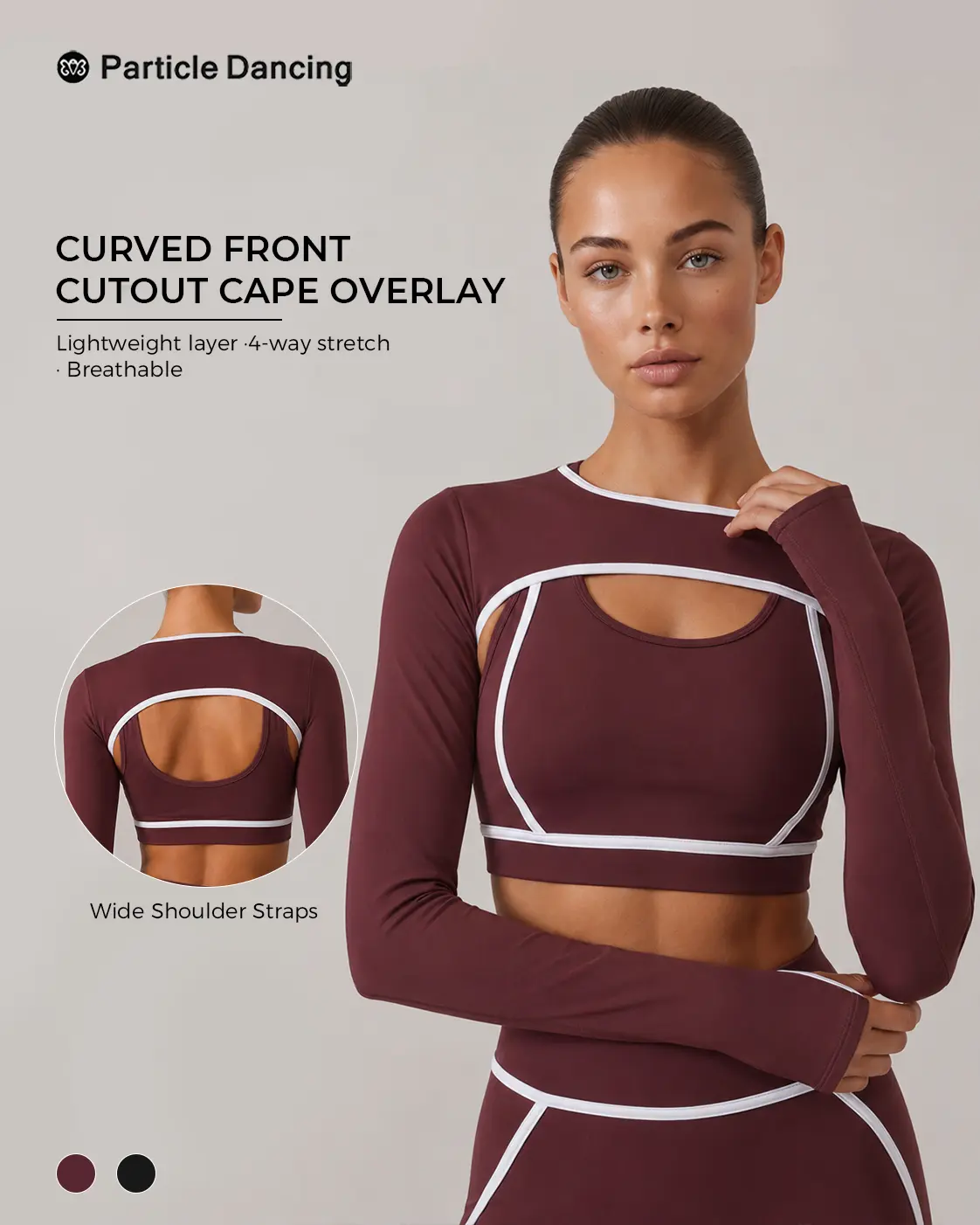Women’s Burgundy Workout Shrug, Open Back Long Sleeve Crop Top with Thumbholes, Lightweight Stretch Yoga Bolero Layer for Pilates, Gym, Dance & Everyday Wear