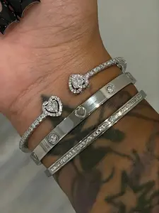 3pc/Set Stainless Steel 18K Gold Plated Diamond Heart Bangle, 14K Gold Copper Zirconia Open Cuff Bracelet, Fashion Women Daily Wear Holiday Gift Set,Elegant Jewelry Bracelet, Heart Design Bracelet