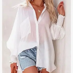 Women’s Oversized White Drop-Shoulder Long-Sleeve Button-Down Shirt-Collar Basic Blouse, Comfortable Spring Top, Chic