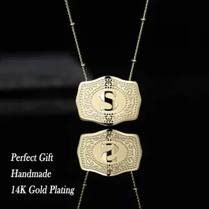 [Get 2 Chains] No Fade 14K Gold Initial Letter Pendant Necklace with Embossed Belt Buckle, 18"+2'' Extender Length