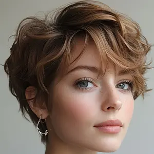 New Hot Women's Sporty Chic Pixie Cut Wig - Natural Look Human Hair Hairstyle with Bangs & Layers, 180% Density Brown 4 #   Color (Light Brown), Rose Net Cap for Secure Fit - Everyday, Formal, Special Occasions - Easy Maintenance & Quick Styling, Casual A