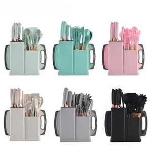 19pcs Silicone Kitchenware Set, Food Grade Silicone Cooking Spoon, Shovel, Cutting Board, EggBeaters, Fruit Knife, Chef Knife, Combination Set, Heat Resistant Kitchen Supplies,Utensils,Storage,Modern,Portable,pots pans set Pink Cookware