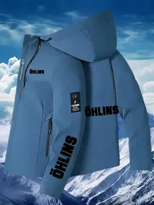 Men's Casual Jacket Ohlins Logo Print Zipper Windproof Hooded Coat, Lightweight Durable Polyester Fabric, Long Sleeve Pockets Outdoor Sports