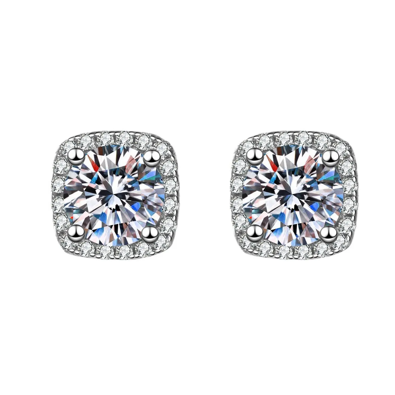 Moissanite Halo Stud Earrings Pack - 3 Styles (Round, Square, Floral) Feminine Aesthetic CZ Costume Jewelry for Men, Floral Stud Earrings