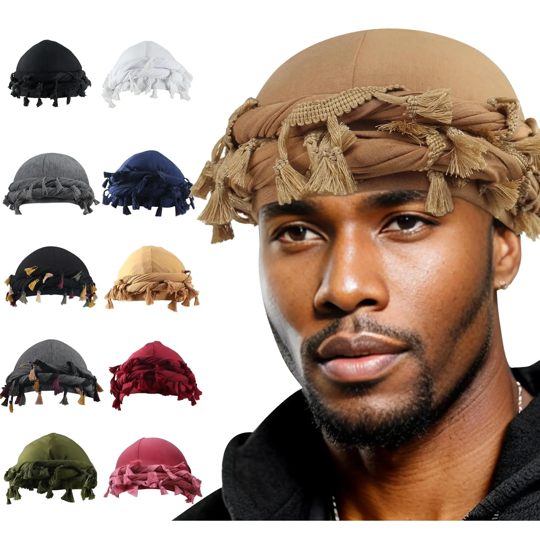 Halo Turbante Durag Uomo - Copricapo In Raso Con Coda Lunga - Nero Taglia L (60-62 Cm) - Per Chemioterapia O Look Africano