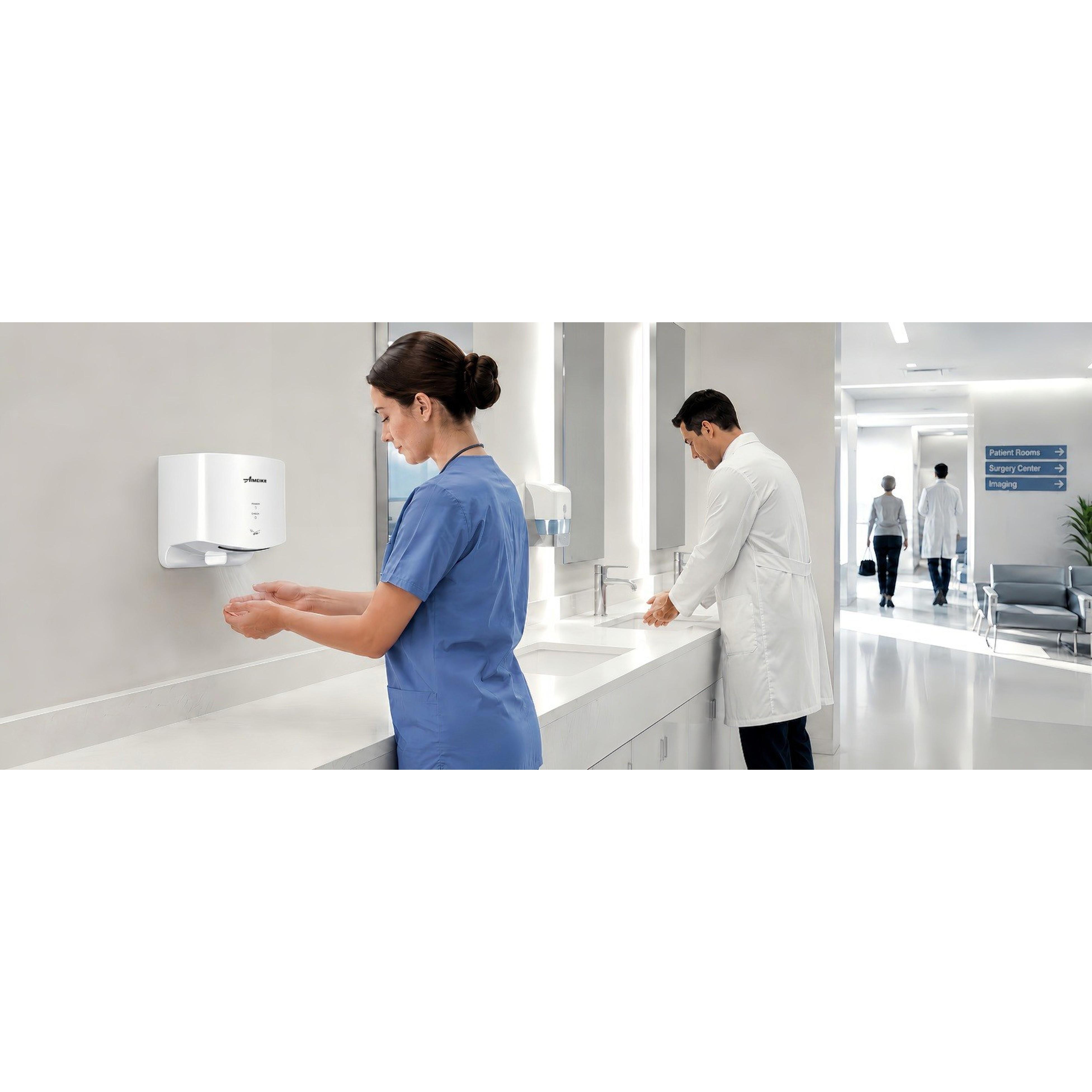Compact Commercial Hand Dryer 110-130V 1300W for Bathroom, White | 7-10s fast drying, 100 m/s airflow, auto heat under 77°F/25°C, compact ABS body, plug-in setup with hardwired option