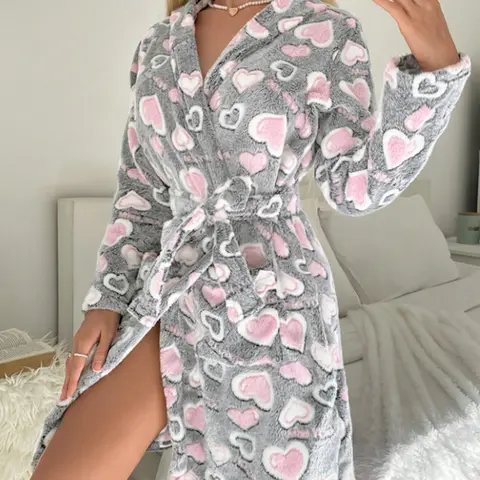 Women's Long Sleeve Hooded Fleece Bathrobe with Heart Pattern, Waist Belt, Casual Fall Winter Loungewear, Heart Print Robe