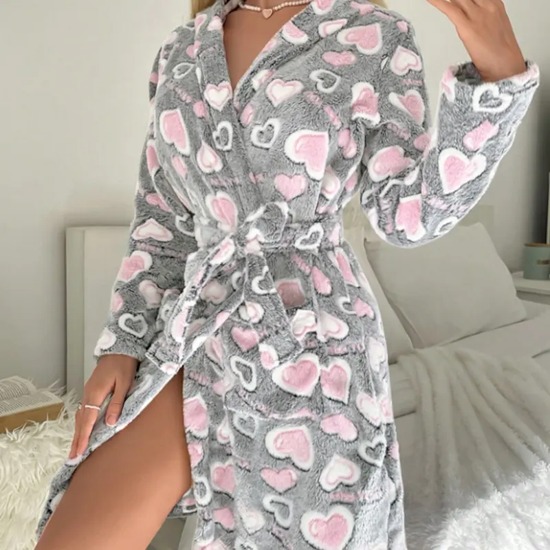 Women's Long Sleeve Hooded Fleece Bathrobe with Heart Pattern, Waist Belt, Casual Fall Winter Loungewear, Heart Print Robe