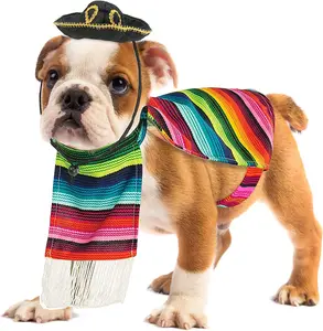 Mexican Serape Dog Costume - Cinco De Mayo Poncho and Sombrero Costumes for Pets (Size L) - Small Breeds Multicolored
