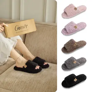 Fuzzy Open Toe Slippers for Women Indoor Cozy Memory Foam Slip On House Slides Shoes Gifts for Her Mom Size 5-12 Non-Slip Soft Faux Fur Footwear - Girl