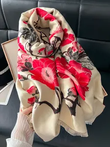 Women's Floral Print Thick Imitation Wool Scarf Shawl, Elegant Fitted Design for Fall & Winter Daily Wear, Warm Woven Fabric