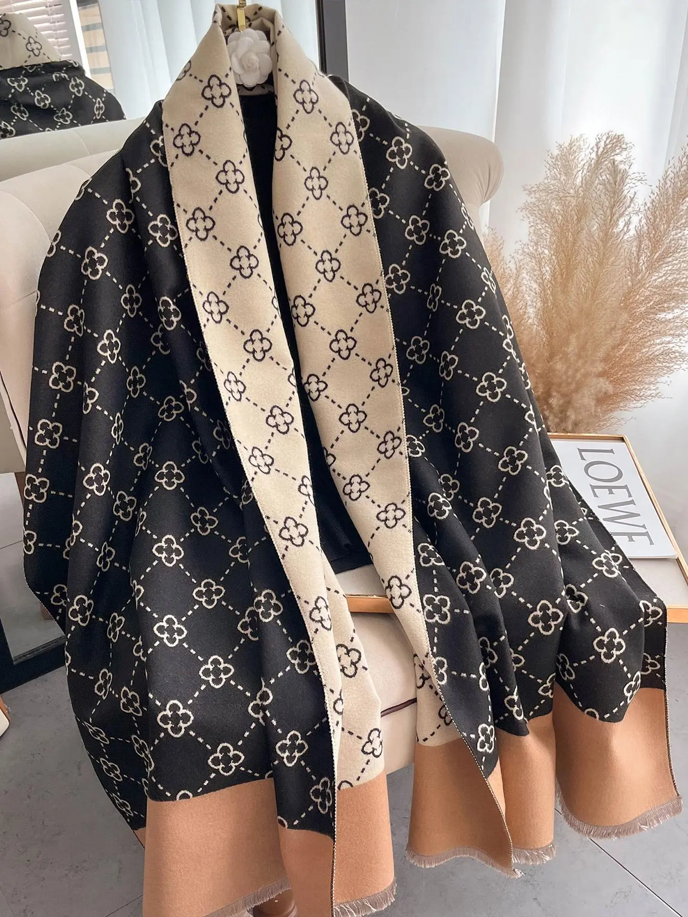 Bohemian Style All Over Geometric Print Fringe Detail Scarf, Casual Soft Warm Boho Style Shawl Wrap for Fall & Winter, Fashion Accessories for Women & Men