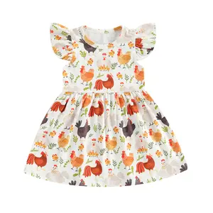 Toddler Baby Girl Summer Dress Rooster Hen Print Fly Sleeve Dress Casual Crew Neck A Line Sundress Farm Baby Clothes