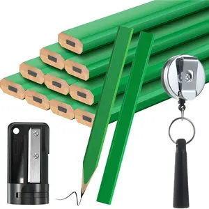 14 count Carpenter Pencils, 7 Inches Flat Octagonal Hard Black Woodworking Construction Pencils Heavy Duty with Pencil Sharpener and Retractable Pull Pen Holder for Contractor Carpentry(Green)