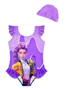 ✨Dreamy Glitter Style Kids Swimsuit, Purple Hair Cool Girl Print Ruffle Sleeve, Perfect for Pool & Beach Fun