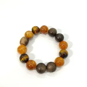 Tiger Eye & Gold Silk Jade Bracelet, Wood Beaded Natural Stone Jewelry