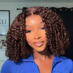 UNice 250% Density Glueless Chocolate Brown Afro Kinky Curly Wig 7x5 Lace Closure Human Hair Wigs with Drawstring Pre Plucked Hairline Bleached Knots Beginners Friendly