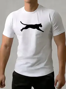 Summer Men's Digital Print Cat Silhouette T-Shirt, Casual Stylish Comfortable Round Neck Short Sleeve, Perfect Halloween Gift for Men