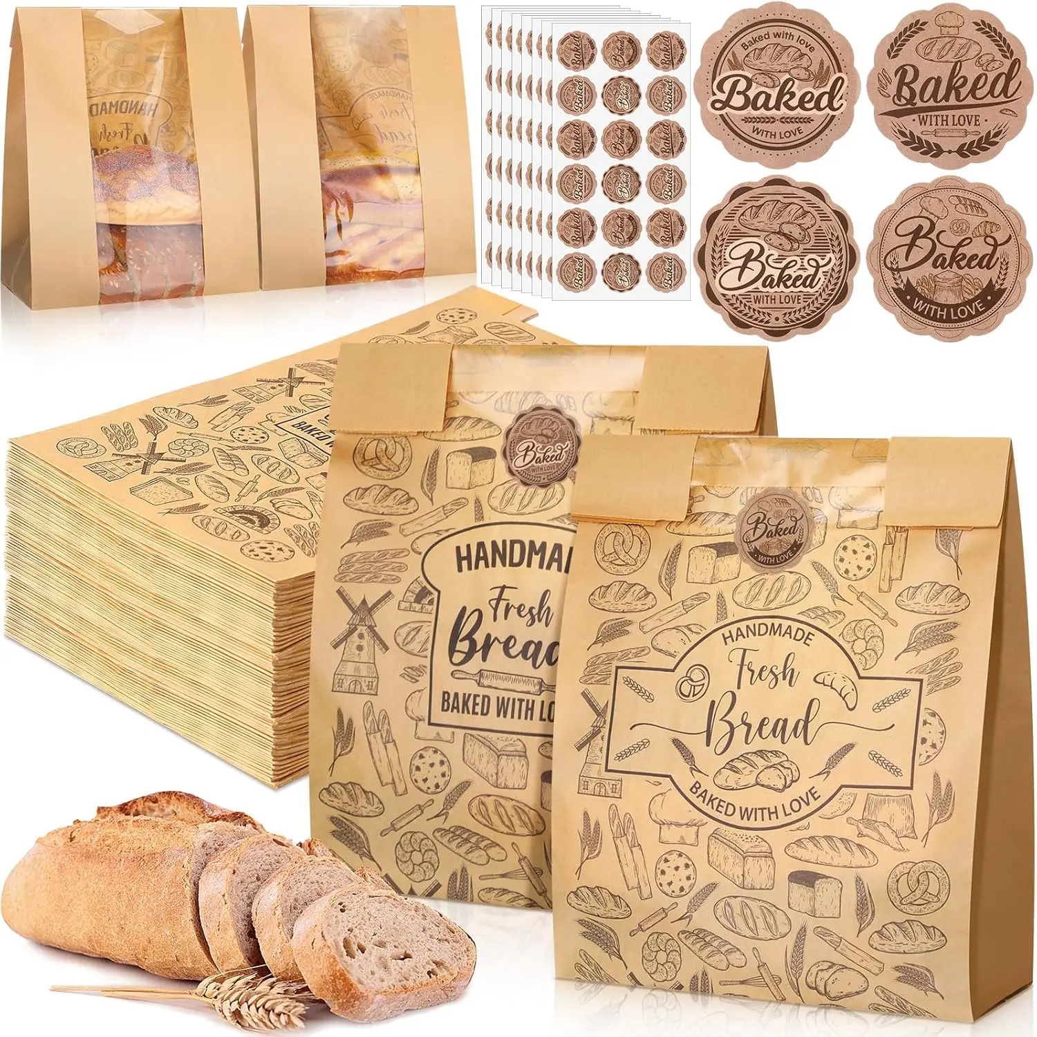 120 Pack Large  Paper Bread Bags for Homemade Bread 14 x 8.3 x 3.5 Sourdough Bakery Bags with Window with 120 count Baked with Love Stickers for Baked  Packaging Storage