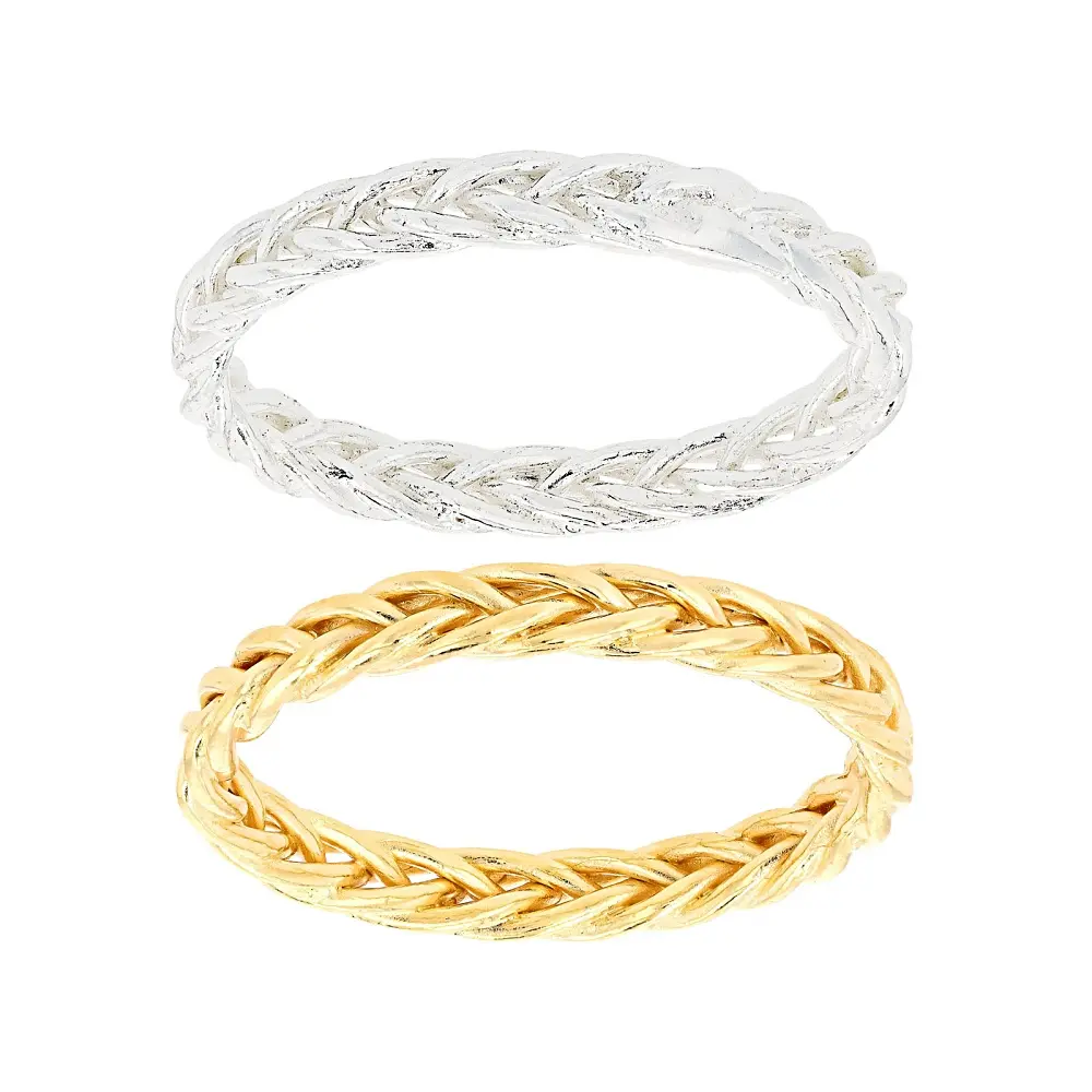 JTV Solid Sterling Silver and 18k Yellow Gold Over Sterling Silver Wheat Link Band Ring Set of 2