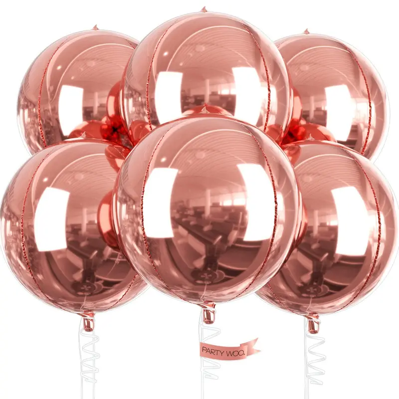 PartyWoo Rose Gold Foil 4D Blow Up Balloons, 6pcs 22-Inch Large Round Easy-Inflate Sparkly Decor, for Bachelorette Party Decorations, Birthday Decor, Event Decorators Supplies