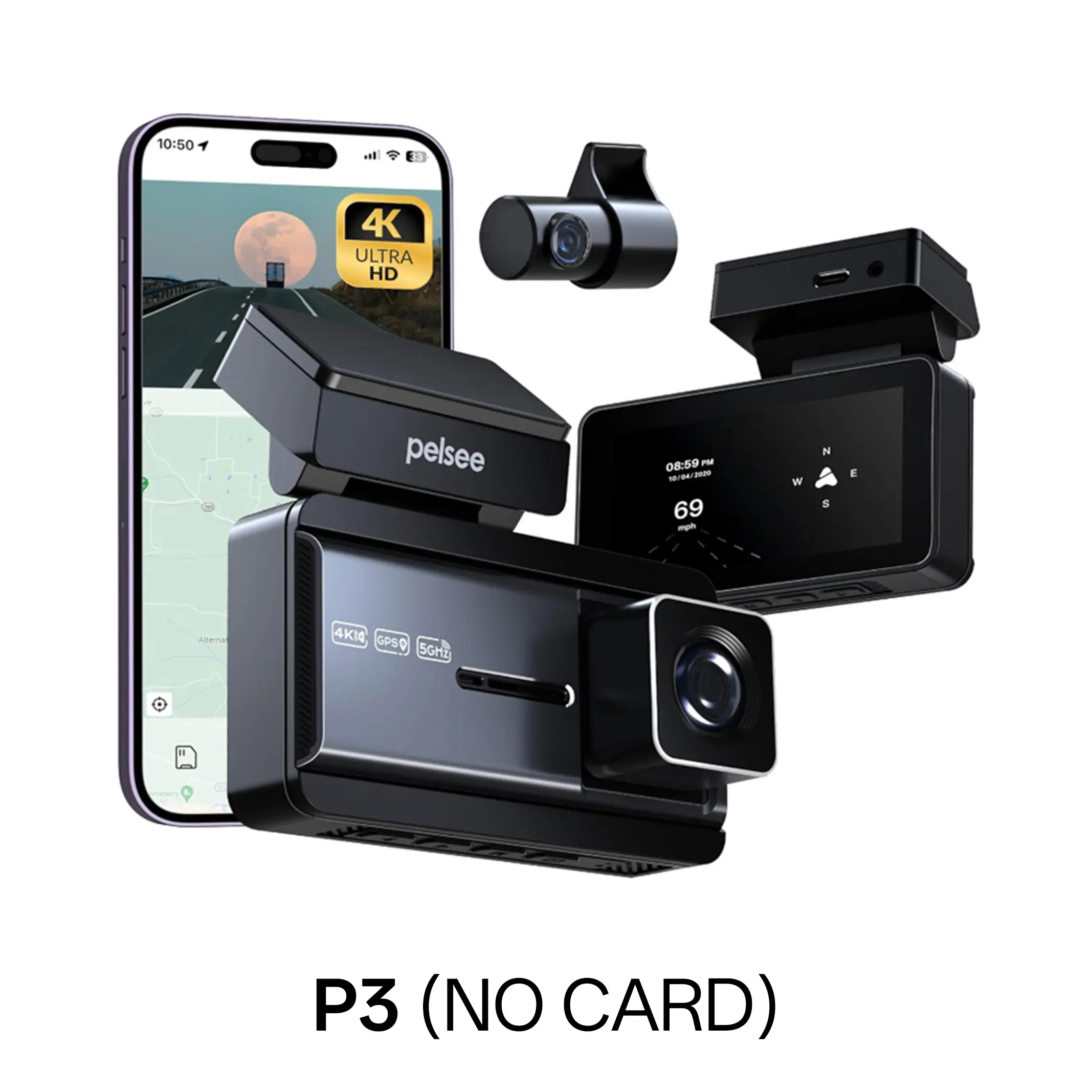 Pelsee 4K Dashcam Front and Rear, 4K+1080P Mini Dual-Lens Car Camera, Wi-Fi Enabled Driving Record Device with Live Preview, GPS, ADAS, BSD, LCA, 3'' IPS Display, APP & Voice Control, Night Vision, 24H Parking Mode (NO Memory Card)