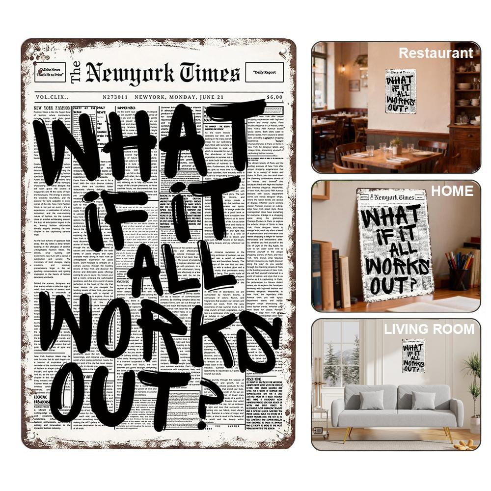 Retro Black And White Aluminum Inspirational Wall Art What If It All Works Out Positive Quote Metal Plaque, Positive Affirming Quote Minimalist Prints Painting For Home Bedroom Dorm Wall Decor