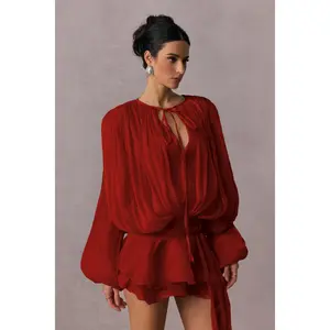 sequin fabric pleated lantern sleeves multi-layered ruffled hem mini dress,Pleated Ruffle Hem Mini Dress