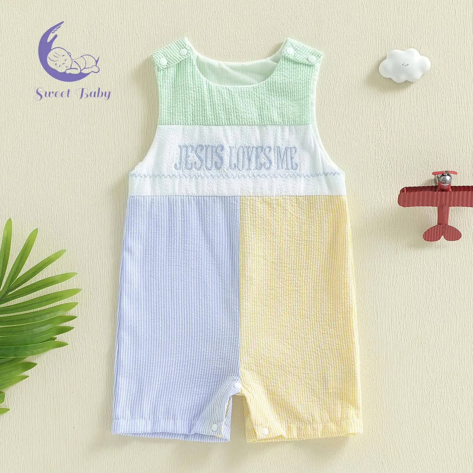 Baby Boy Contrast Sleeveless Built-in Romper - Letter Embroidered Casual Jesus Bodysuit, Newborn Outfits, Letters Baby Boy's Bodysuits & 1-Pieces, Letters Baby Boy's Bodysuits & One Pieces