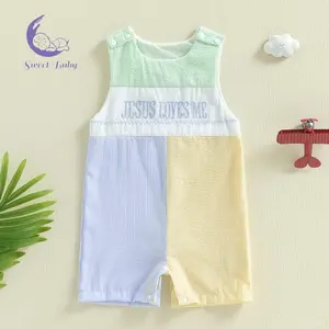 Baby Boy Contrast Overall Romper Letter Embroidered Sleeveless Jumpsuit Casual Jesus Clothes