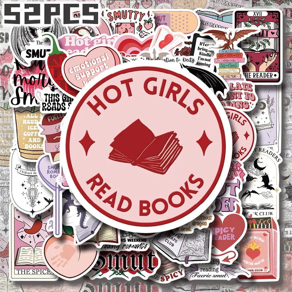 52PCS Bookish Reading Aesthetic Stickers Pack, Naughty Literary & Cozy Reading Illustration Vinyl Stickers for Scrapbooking, Journal, Planner, Album, Laptop, Water Bottle, Phone Case, DIY Craft Decoration, Gift Wrapping, Envelope Seals, Packaging L