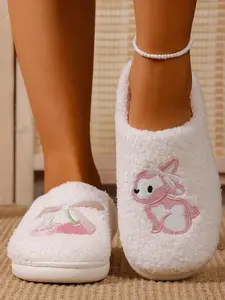 🐰Sweet Bunny Sakura Plush Slippers, Lightweight Soft Teddy Fleece, Cute Rabbit & Cherry Embroidery, Thick Lined, Non-Slip Sole