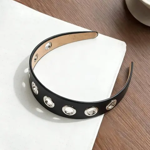 1/2Pcs Women's Elegant PU Leather Wide Band Metal Stud Grommet Headband, Rock Punk Style, Suitable for Daily Wear and Parties, Fashion Headbands