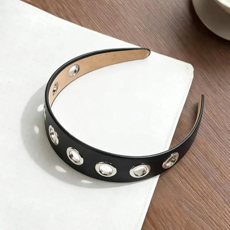 1/2Pcs Women's Elegant PU Leather Wide Band Metal Stud Grommet Headband, Rock Punk Style, Suitable for Daily Wear and Parties, Fashion Headbands