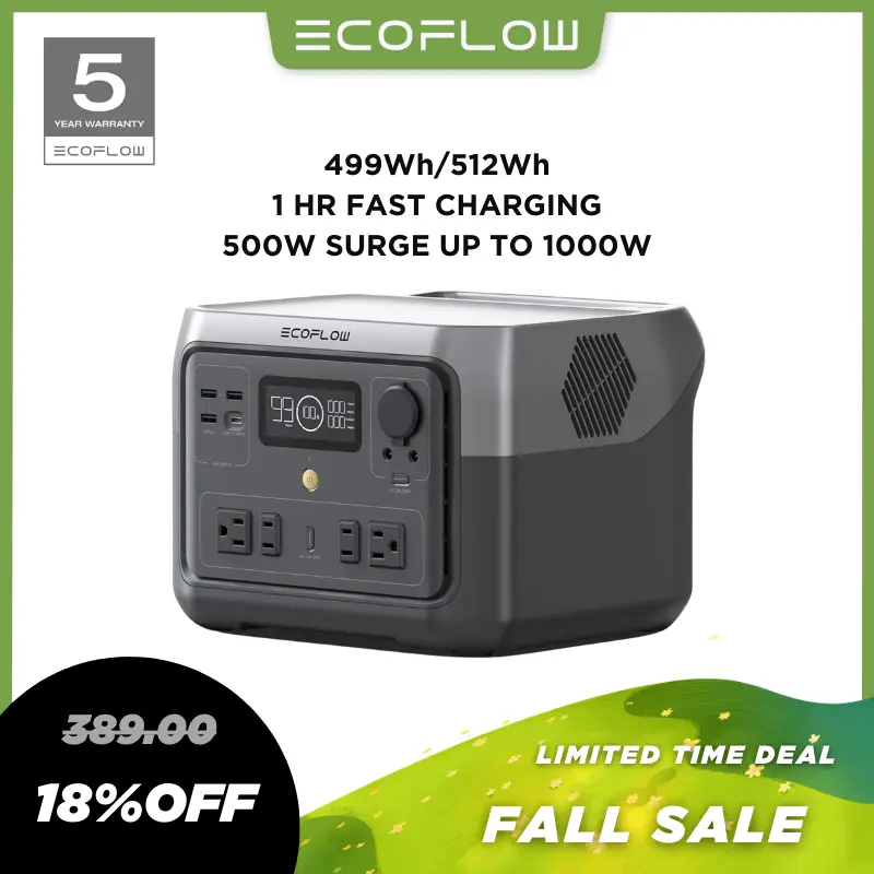 ECOFLOW RIVER 2 Max Portable Power Station, 499Wh / 512Wh, 500W Up to 1000W, LiFePO4 Battery, Solar Panel Optional for Outdoor Camping/RVs/Home Use