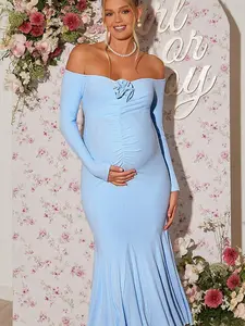 LAMIKA Light Blue 3D Blossom Exposed Chest Full Arm Gathered Trumpet Hem Expecting Mom Vesture Camera Session Fairycore