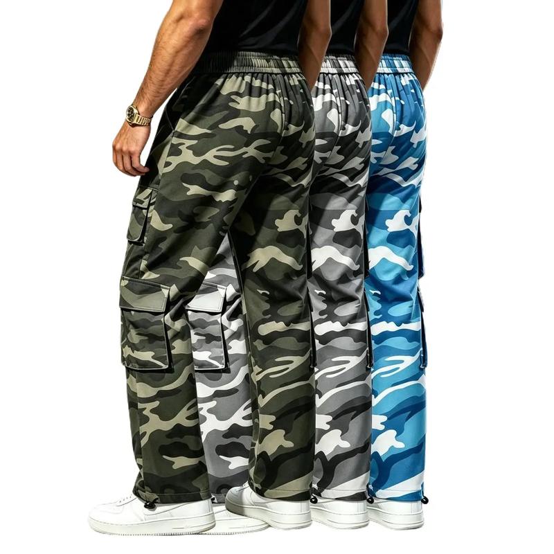 Hidkat Men's 3-Pack Camouflage Cargo Joggers - Breathable Athletic Pants with Multiple Flap Pockets, Elastic Drawcord Waistband, Adjustable Toggle Ankle Cuffs for Hiking, Street Outfits