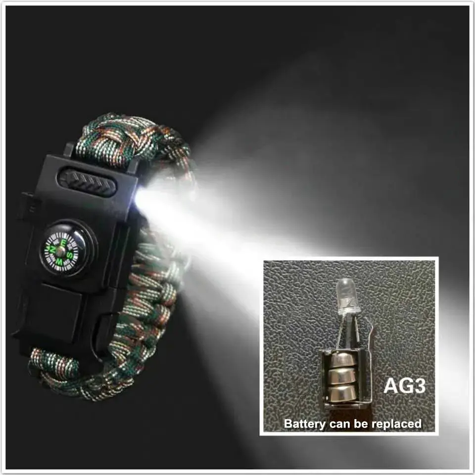 Outdoor Paracord bracelet Multifunction Military Emergency Camping Rescue EDC Tools Escape Tactics Wrist Strap with Led Lights