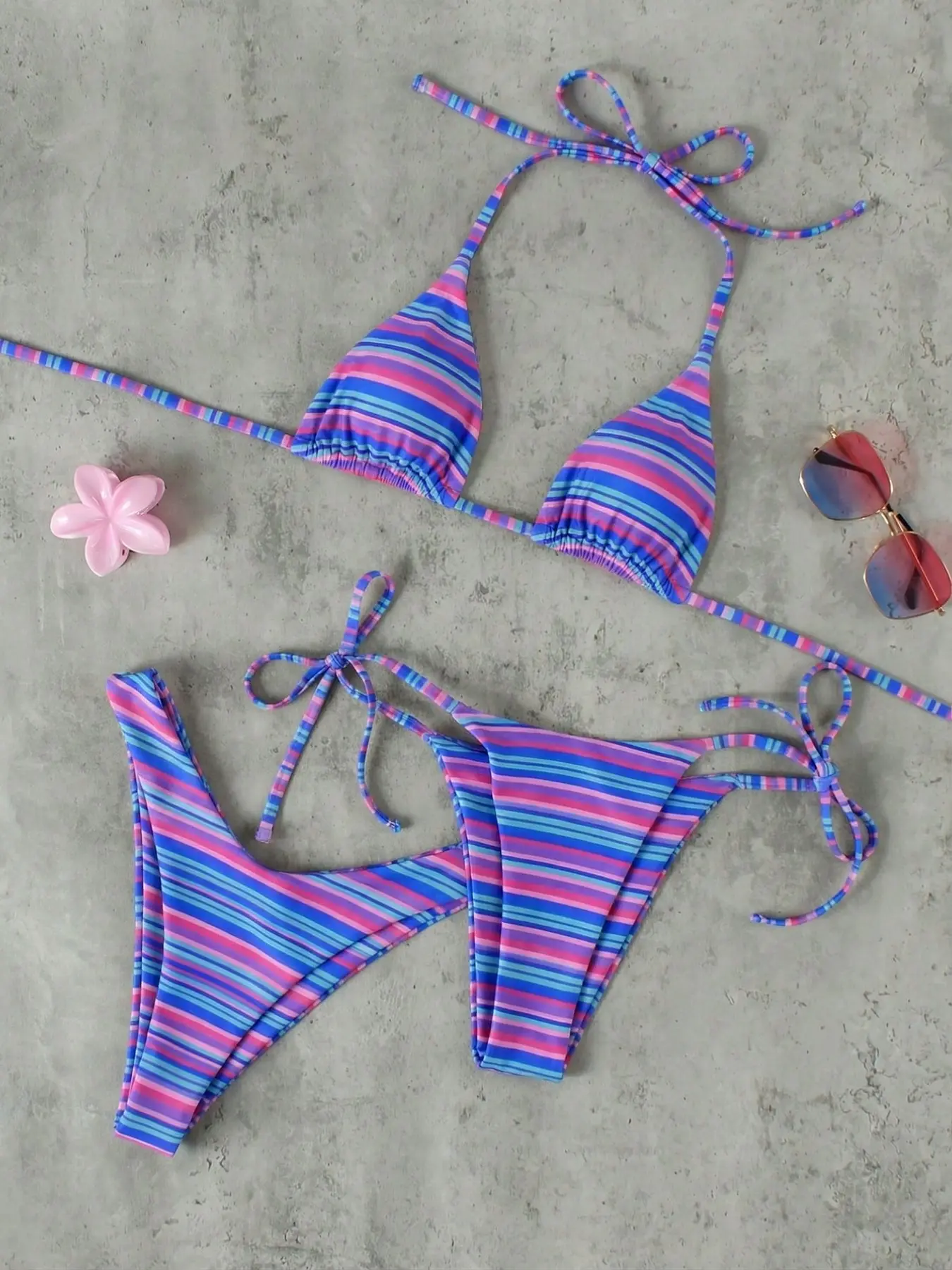 Women's French Style Dopamine Swimsuit Set, Colorblock Stripes, Thin Strap Binding, High Split Cut, Beach, Stylish Swimwear, Bikini Beachwear, Colorblock Bikinis Set, Striped Bikini Swimsuit