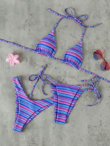 Women's French Style Dopamine Summer Swimsuit Set, Colorblock Stripes, Thin Strap Binding, High Split Cut, Beach, Stylish Swimwear
