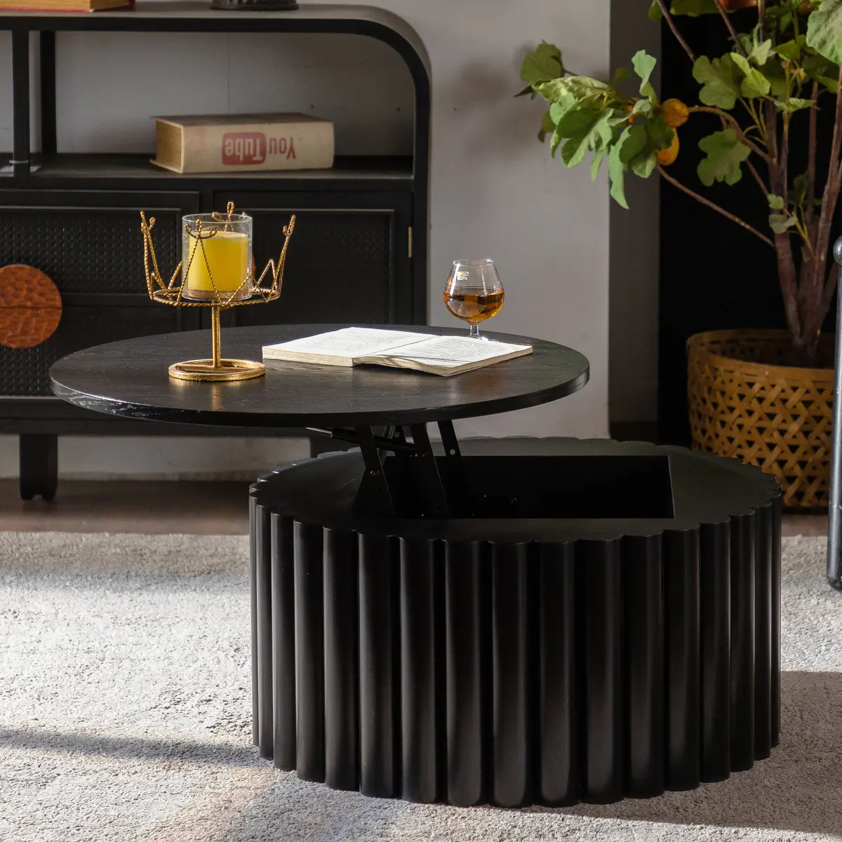 Pine Freestanding Coffee Table - Handcrafted Relief, Sturdy Pedestal Base, Double Layer, Lift Mechanism, Adjustable Height, Fully Assembled Wooden Table (27.56x27.56x13.98in, 13.98-19.69in Range) for Living Room