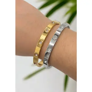Inlay Gemstone Simple Hinged Stainless Steel Bangle Bracelet