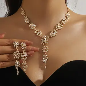 2-piece set of gold jewelry, cubic zirconia wheat ear tassel design claw chain necklace, fashionable design, dazzling and glamorous, light luxury, vintage trend, versatile, suitable for women's daily wear, holiday gifts, and party wear link earring women
