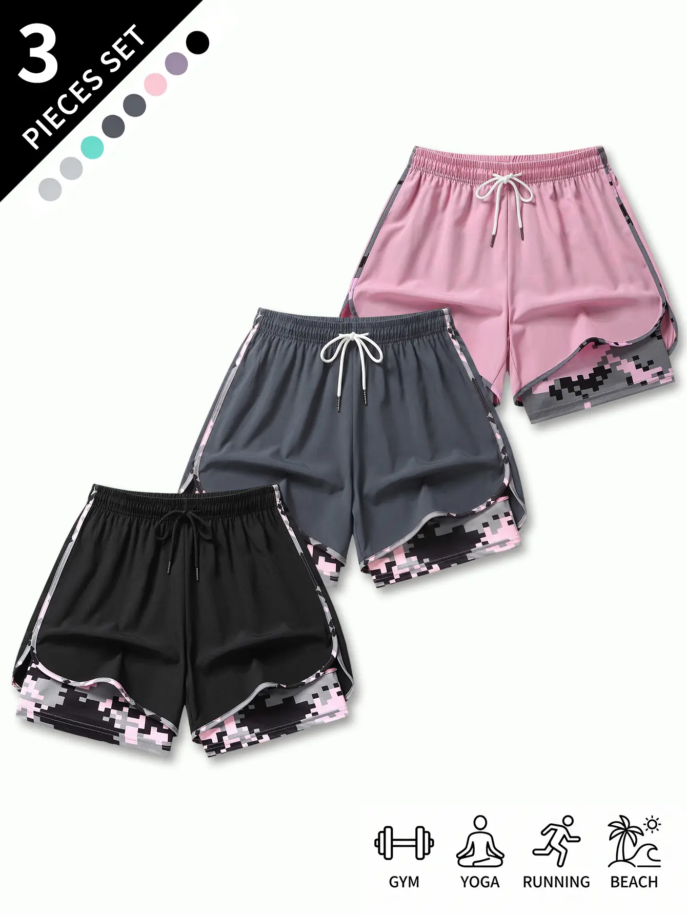 3-pack women’s sports fitness running yoga pants, swim shorts, breathable quick-dry shorts with adjustable drawstring waist, double-layer design, side detailing, non-see-through casual wear, non-stretch fabric, sporty casual style, suitable for both men a