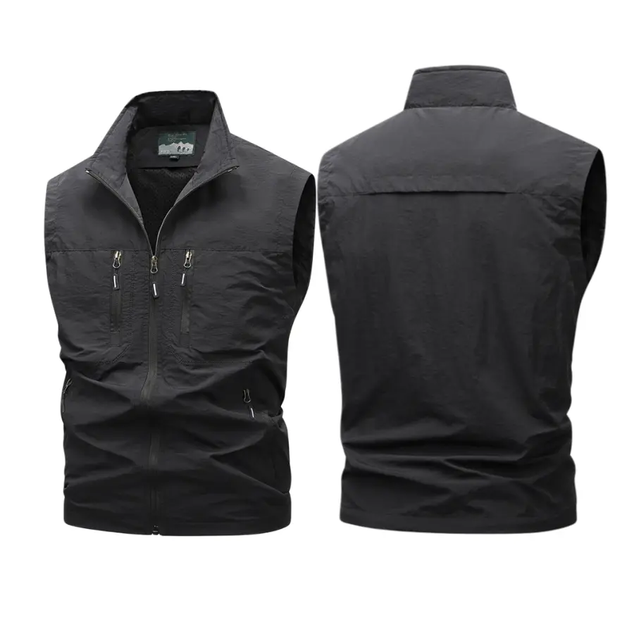 Men’s functional outdoor vest for summer, stand collar, multiple pockets, sleeveless, lightweight, breathable, quick-drying casual vest for everyday wear