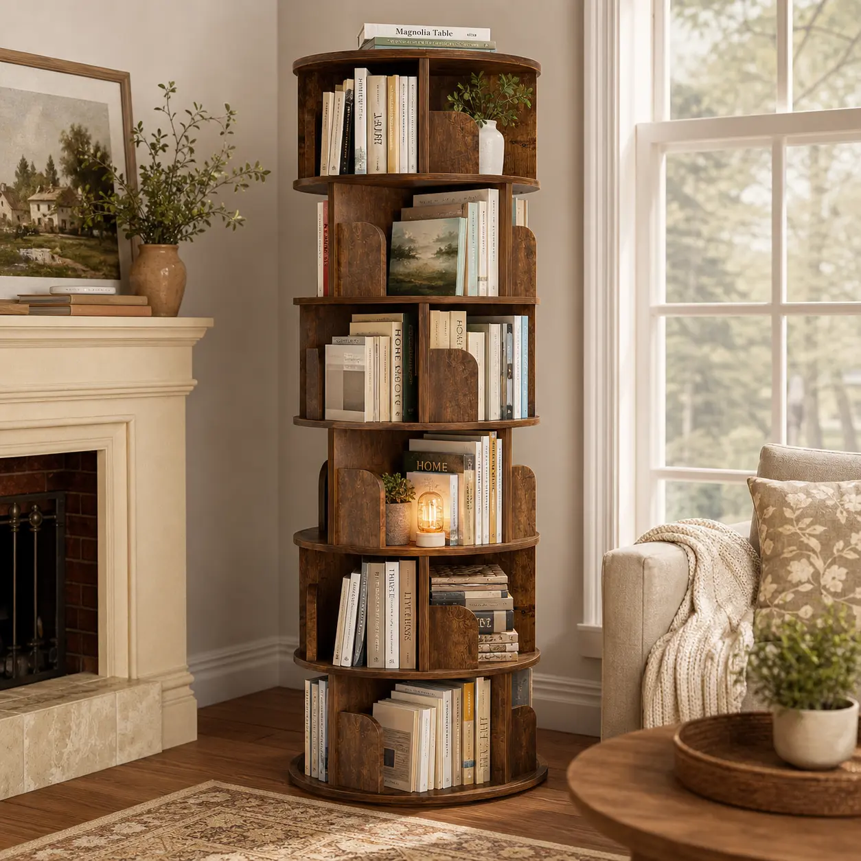 Homieasy 6 Tier Rotating Bookshelf, Small Corner Bookshelf for Small Space, 360 Display Floor Standing Bookcase Storage Rack, Wood Narrow Book Shelf Organizer for Bedroom, Living Room