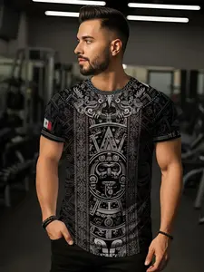 Aztec Sun Stone Pattern Mexico Heritage Shirt, Fitted Short Sleeve Top, All Seasons Fashion, Letter Print Design