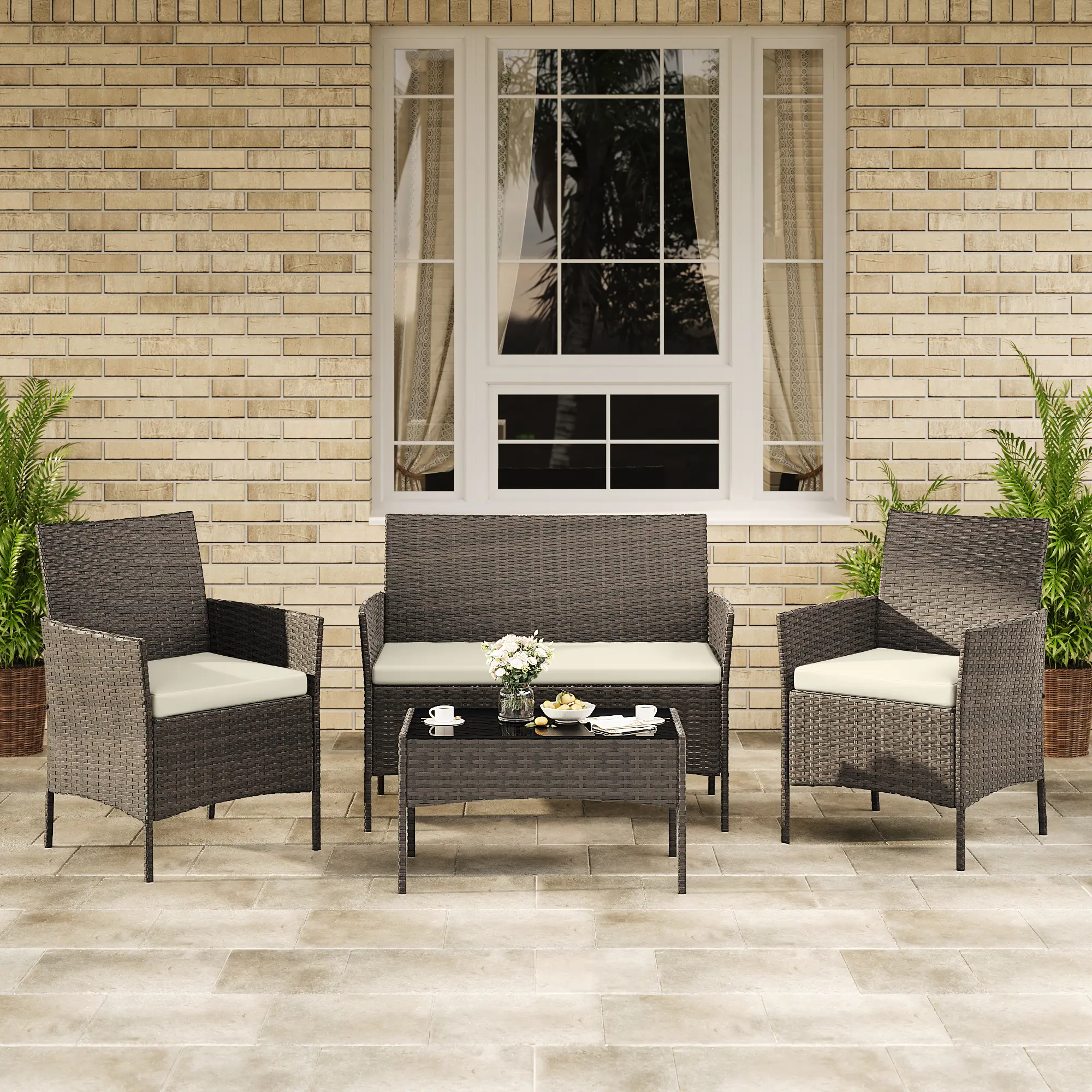 4-Piece Patio Furniture Set - Wicker Rattan Outdoor Conversation Bistro Set with 2 Chairs, Loveseat & Coffee Table for Garden, Backyard, Porch, Balcony