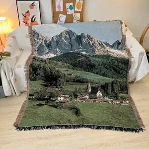 Alpine landscape cotton yarn tapestry, throw blanket, living room decor, small red book DIY, trendy wall hanging, decorative artwork