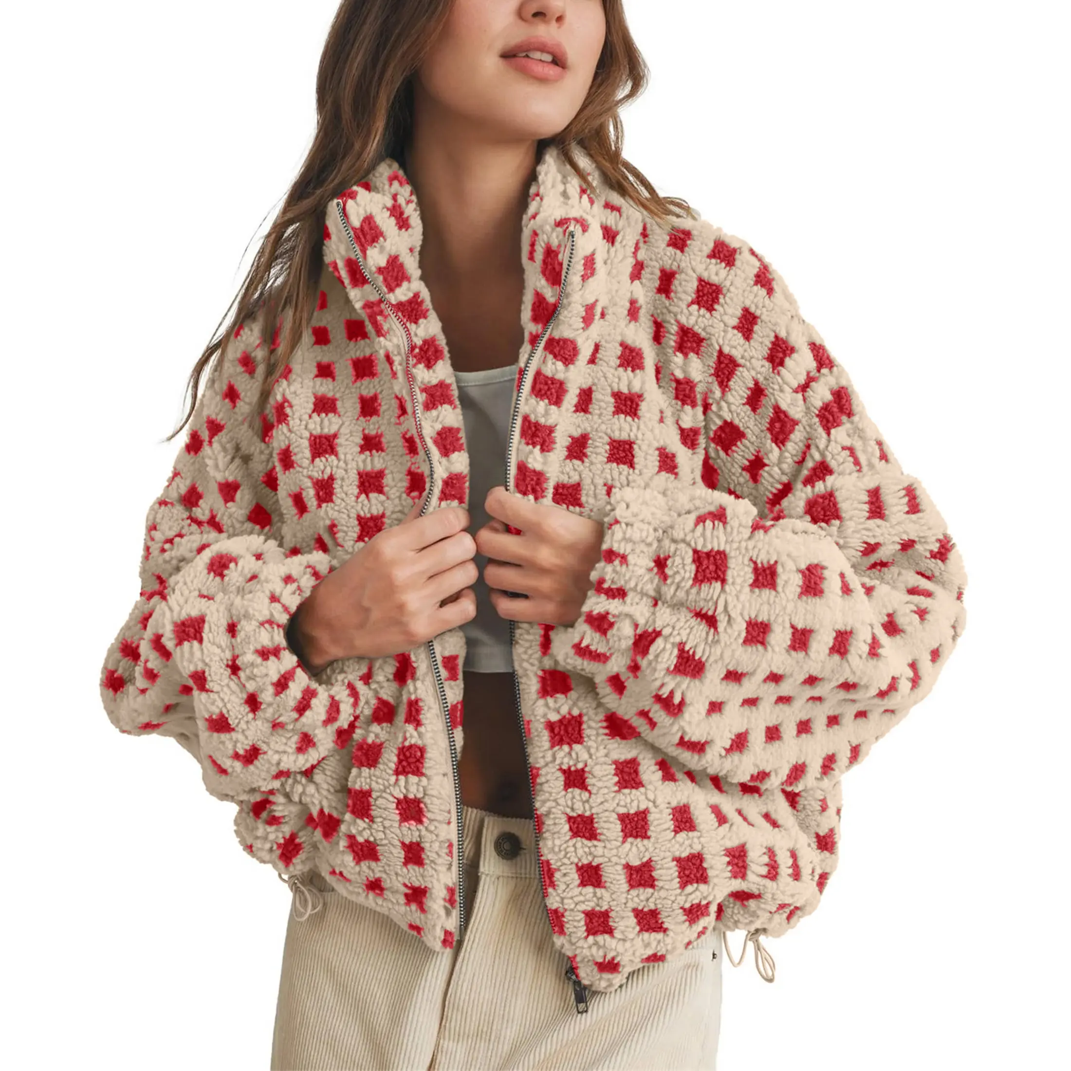 Mibbory Checkered Sherpa Jacket for Women 2026 Winter Fashion Cropped Long Sleeve Plaid Fleece Coat | Stand Collar Zip Up Fuzzy Gingham Jacket with Pockets, Casual Warm Outwear, Cozy Winter Sherpa